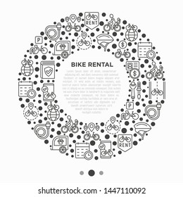 Bike rental concept in circle with thin line icons: rates, bicycle tours, pet trailer, padlock, helmet, child seat, sharing, pointer, deposit, mobile app, cycling route. Modern vector illustration.