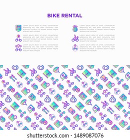 Bike rental concept with thin line icons: rates, bicycle tours, pet trailer, padlock, helmet, child seat, sharing, pointer, deposit, mobile app. Modern vector illustration for sport issues.