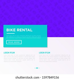 Bike rental concept with thin line icons: rates, bicycle tours, pet trailer, padlock, helmet, child seat, sharing, pointer, deposit, mobile app, cycling route. Modern vector illustration.