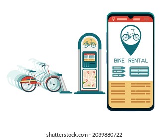 Bike rental dock station with modern city electric bike smartphone app for rent vector illustration on white background