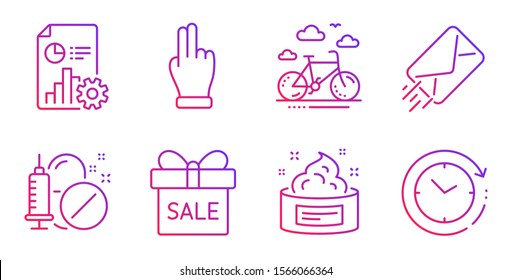 Bike rental, E-mail and Skin cream line icons set. Sale offer, Medical drugs and Report signs. Click hand, Time change symbols. Bicycle, Mail delivery. Business set. Gradient bike rental icon. Vector