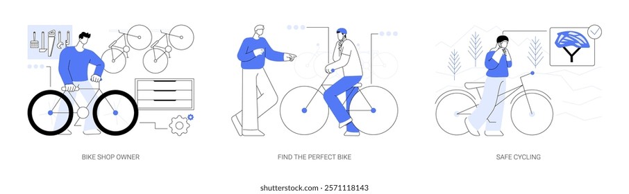 Bike rental isolated cartoon vector illustrations set. Bicycle store business owner consulting client, choosing size of bike for rent, wearing helmet, safe cycling, going on a ride vector cartoon.