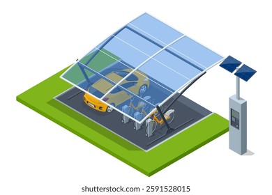 Bike rental. An isometric, vector illustration of a solar-powered bike-sharing station, lined with orange bicycles and a payment kiosk, offering convenient urban mobility
