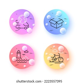 Bike rental, Lighthouse and Send box minimal line icons. 3d spheres or balls buttons. Delivery service icons. For web, application, printing. Bicycle, Navigation beacon, Delivery package. Vector