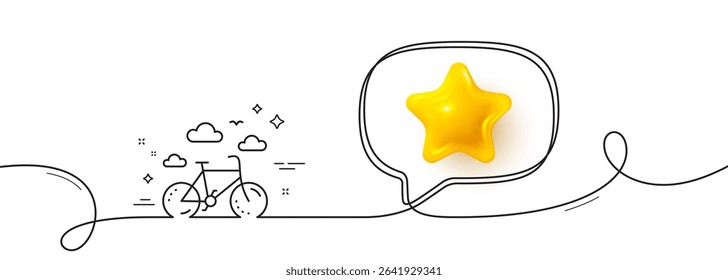 Bike rental line icon. Continuous line with 3d star. Bicycle rent sign. Hotel service symbol. 3d star in speech bubble. Bike rental single line ribbon. Loop curve pattern. Vector