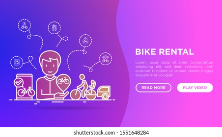 Bike rental mobile app. Web page template with thin line icons: rates, bicycle tours, pet trailer, padlock, helmet, child seat, sharing, pointer. Modern vector illustration.