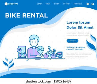 Bike rental mobile app. Web page template with flat icons: sharing service on smartphone, pet trailer, child seat, sharing, pointer with bicycle. Modern vector illustration.