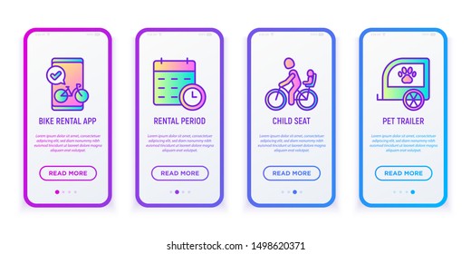 Bike rental mobile user interface. Bicycle mobile app, rental period, child seat, pet trailer thin line icon. Modern vector illustration.