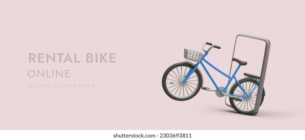 Bike rental online. App for selecting bicycle of optimal size and design. Rental of personal vehicles via Internet. Ordering cycle rental from another city. Poster with advertising 3D illustration