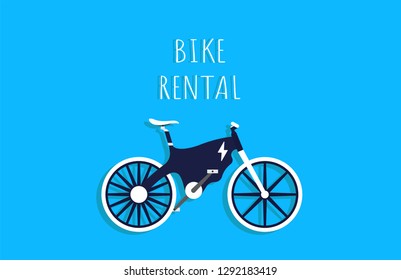 Bike rental. Rent bike. Electric Bike with blue and white color. E-Bike. Bicycle sign for web or print in flat design. Blue background. Vector illustration.