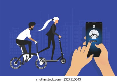 Bike rental. Rent bike. Electric Bike and kick scooter.  Bicycle sign for web or print. With Hand App and smartphone. Blue background. With big city on background. Vector illustration.