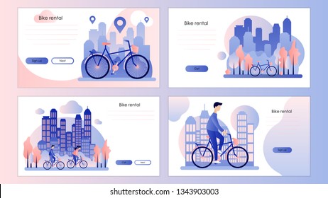 Bike rental. Screen template for mobile smart phone, landing page, template, ui, web, mobile app, poster, banner, flyer. Background the city with skyscrapers. Flat style. Vector illustration