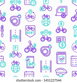 Bike rental seamless pattern with thin line icons: rates, bicycle tours, pet trailer, padlock, helmet, child seat, sharing, pointer, deposit, mobile app, cycling route. Modern vector illustration.