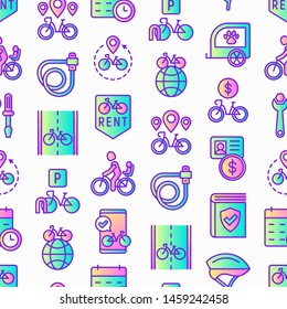 Bike rental seamless pattern with thin line icons: rates, bicycle tours, pet trailer, padlock, helmet, child seat, sharing, pointer, deposit, mobile app, cycling route. Modern vector illustration.
