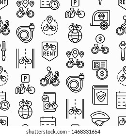 Bike rental seamless pattern with thin line icons: rates, bicycle tours, pet trailer, padlock, helmet, child seat, sharing, pointer, deposit, mobile app, cycling route. Modern vector illustration.