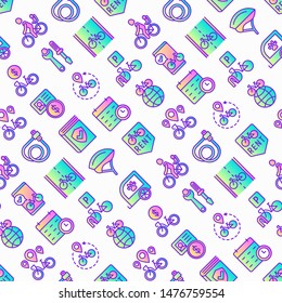 Bike rental seamless pattern with thin line icons: rates, bicycle tours, pet trailer, padlock, helmet, child seat, sharing, pointer, deposit, mobile app, cycling route. Modern vector illustration.