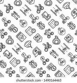 Bike rental seamless pattern with thin line icons: rates, bicycle tours, pet trailer, padlock, helmet, child seat, sharing, pointer, deposit, mobile app, cycling route. Modern vector illustration.
