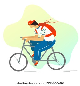 Bike rental service concept. 
Man riding a rented bike with an abstract background. 