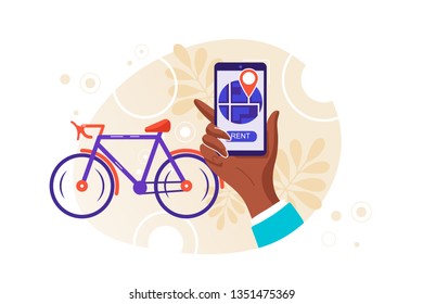 Bike rental service. Parking automat. Active lifestyle. Urban transportation system. character using a mobile online application. Healthy lifestyle. Cycling. Vector illustration