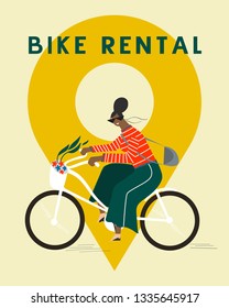Bike rental service for tourists in the city  concept. 
Woman riding a rented bike with a geolocation mark on the background. 