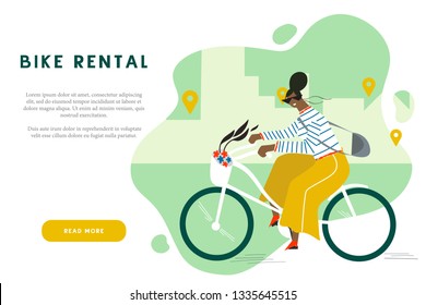 Bike rental service for tourists concept. 
Woman riding  a rented bike with a geolocation marks and the city on the abstract background. Bicycle sharing banner with the place for your text.