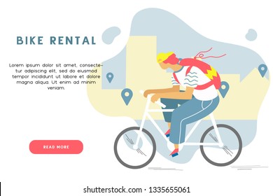 Bike rental service for tourists concept. 
Man riding a rented bike with a geolocation marks and the city on the abstract background. Bicycle sharing banner with the place for your text.