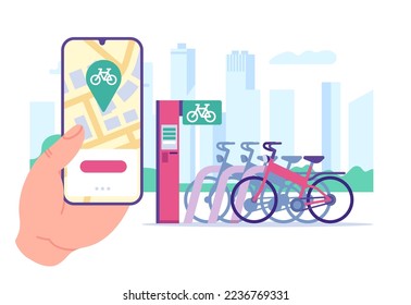 Bike rental service. Transport rent station. Mobile application. Urban transportation. Smartphone in hand. Bike parking. City navigation app. Map location. Cycle sharing