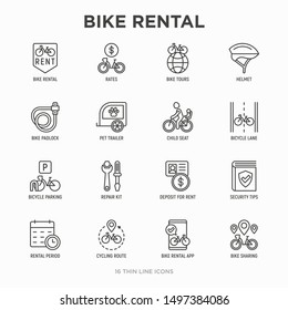 Bike rental thin line icons set: rates, bicycle tours, pet trailer, padlock, helmet, child seat, sharing, pointer, deposit, mobile app, cycling route. Modern vector illustration.