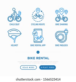 Bike Rental Thin Line Icons Set: Bicycle Tours, Padlock, Helmet, Child Seat, Sharing, Mobile App, Cycling Route. Modern Vector Illustration.