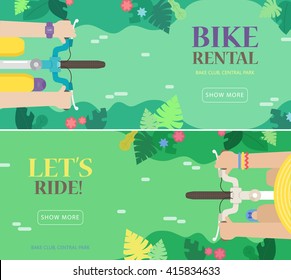 Bike rental. Vector set of illustrations in the flat style with a bikes, man, women and nature landscape: road, trees, flowers. Top view. Colorful concept perfect for web design, banners, advertising.