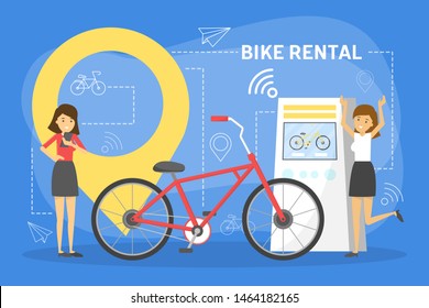Bike rental web banner concept. Rent bicycle in the city. Public transport, rental service. Vector illustration in cartoon style