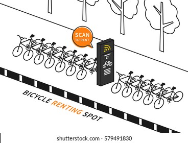 Bike renting station vector illustration. Row of bicycles to rent creative concept. Wireless station for sharing and renting bikes graphic design.
