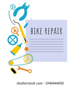 Bike repair banner with tools and bicycle details. Wrench, chain, chain rings, pump, pedal, link tool, screwdriver