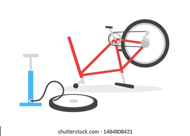 Bike Repair - Bicycle Is Fixed In Garage By Bicycle Pump. Vector Illustration Isolated On White	