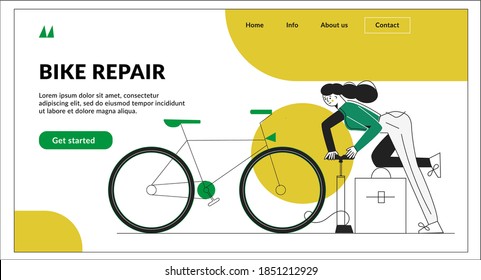 Bike Repair Landing Page Heading Concept. Template For Website. Bicycle Mechanic In A Workshop. Young Woman Repairing Mountain Bike. Modern Flat Vector Illustration With Character Isolated On White 