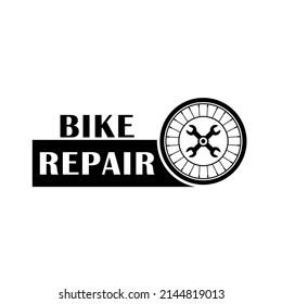 Diseño del logotipo de reparación de bicicletas con rueda de bicicleta, llave y inscripción de texto. Ilustración vectorial aislada sobre fondo blanco.