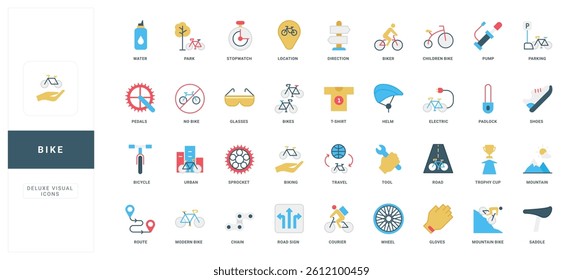 Bike repair and rental service, cyclists tools and clothes, sport exercise and hobby color icon set. Bicycle of child, road and prohibition sign, bikers helmet and glove flat vector illustration