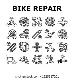 Bike Repair Service Collection Icons Set Vector. Complex Bike Repair And Setting, Research And Fix Broken Details, Cogset And Pedals Replacement Black Contour Illustrations