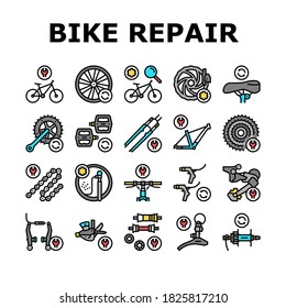 Bike Repair Service Collection Icons Set Vector. Complex Bike Repair And Setting, Research And Fix Broken Details, Cogset And Pedals Replacement Concept Linear Pictograms. Color Contour Illustrations