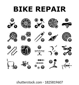 Servicio de Reparación de Bicicletas Colección Icons Set Vector. Reparación Y Montaje Complejos De Bicicletas, Investigación Y Arreglo De Detalles, Cogset Y Pedales De Sustitución Concepto Pictogramas Lineales. Ilustraciones de contorno de color