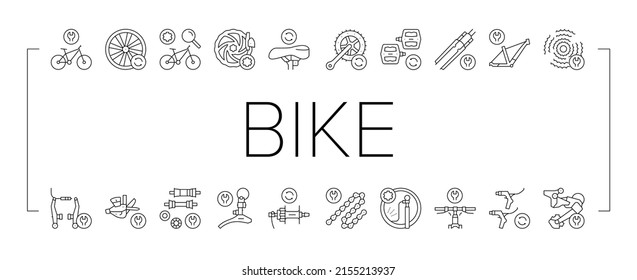 Bike Repair Service Collection Icons Set Vector. Complex Bike Repair And Setting, Research And Fix Broken Details, Cogset And Pedals Replacement Black Contour Illustrations