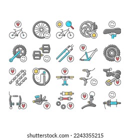 Bike Repair Service Collection Icons Set Vector. Complex Bike Repair And Setting, Research And Fix Broken Details, Cogset And Pedals Replacement Concept Linear Pictograms. Color Contour Illustrations