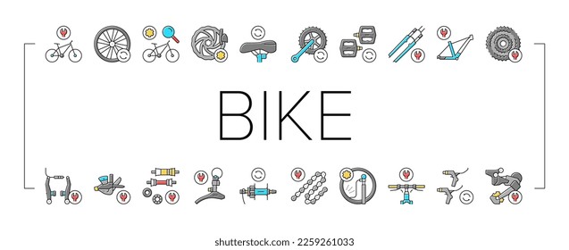 Bike Repair Service Collection Icons Set Vector. Complex Bike Repair And Setting, Research And Fix Broken Details, Cogset And Pedals Replacement Concept Linear Pictograms. Color Contour Illustrations