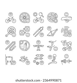 Bike Repair Service Collection Icons Set Vector. Complex Bike Repair And Setting, Research And Fix Broken Details, Cogset And Pedals Replacement Black Contour Illustrations