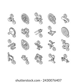 Bike Repair Service Collection isometric icons set. Complex Bike Repair And Setting, Research And Fix Broken Details, Cogset And Pedals Replacement Concept Linear Pictograms