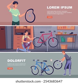 serviço de reparação de bicicletas. ciclista com bicicleta danificada. banners horizontais vetor