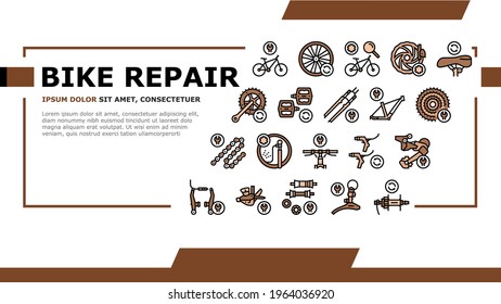 Bike Repair Service Landing Web Page Header Banner Template Vector. Complex Bike Repair And Setting, Research And Fix Broken Details, Cogset And Pedals Replacement Illustration