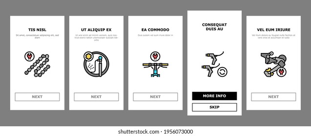 Bike Repair Service Onboarding Mobile App Page Screen Vector. Complex Bike Repair And Setting, Research And Fix Broken Details, Cogset And Pedals Replacement Illustrations