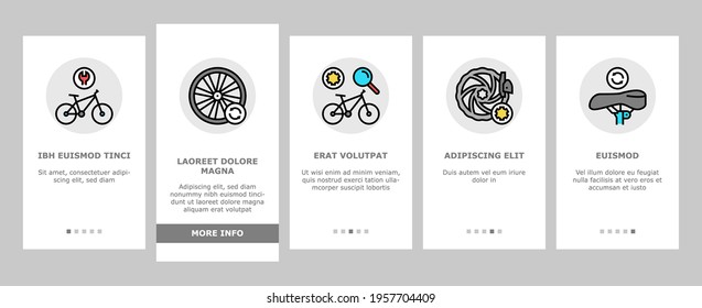 Bike Repair Service Onboarding Mobile App Page Screen Vector. Complex Bike Repair And Setting, Research And Fix Broken Details, Cogset And Pedals Replacement Illustrations