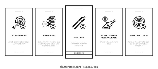 Bike Repair Service Onboarding Mobile App Page Screen Vector. Complex Bike Repair And Setting, Research And Fix Broken Details, Cogset And Pedals Replacement Illustrations